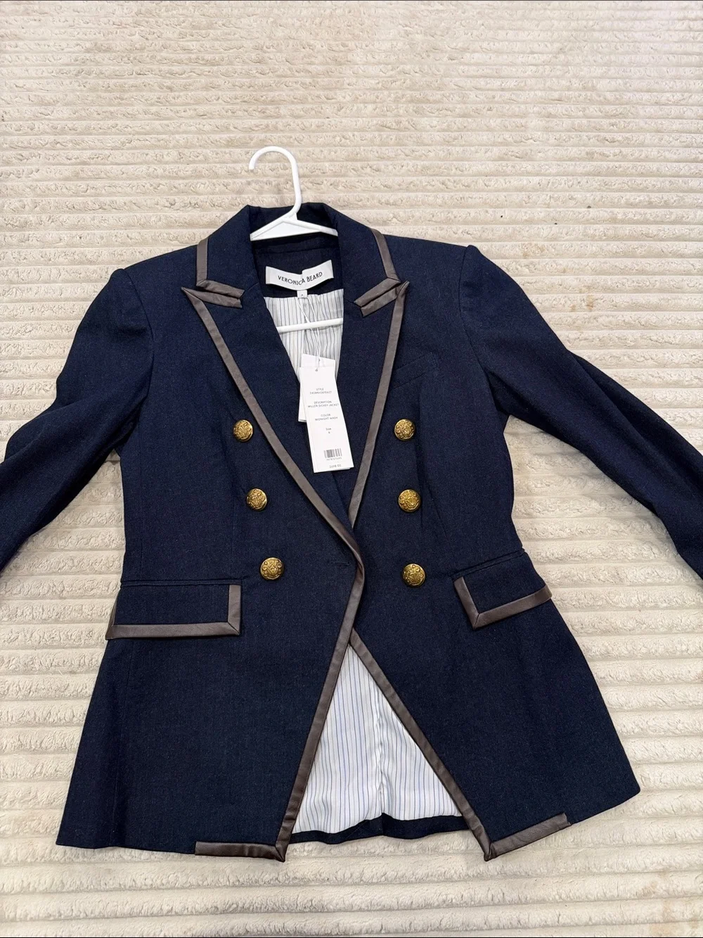Veronica Beard Navy Blazer with Gold Buttons and Brown Trim - Picture 2 of 5